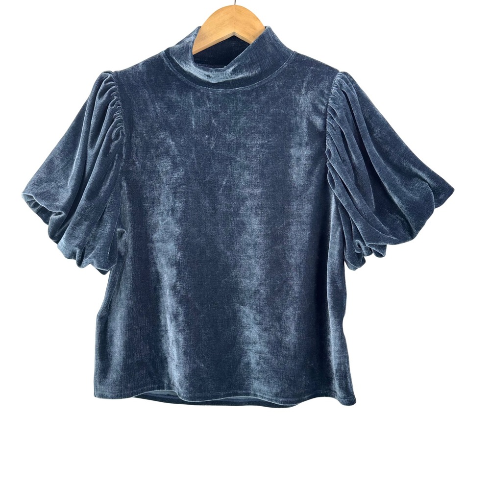 Free People Claudia Velvet Top Sz S Blue Mock Neck‎ Puff Sleeve boho preppy